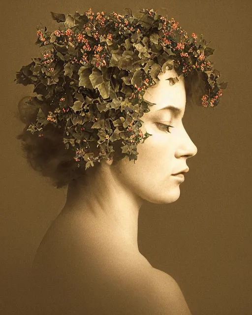 Image similar to a woman's face in profile, entwined with intricate decorative ivy, in the style of the dutch masters and gregory crewdson, dark and moody