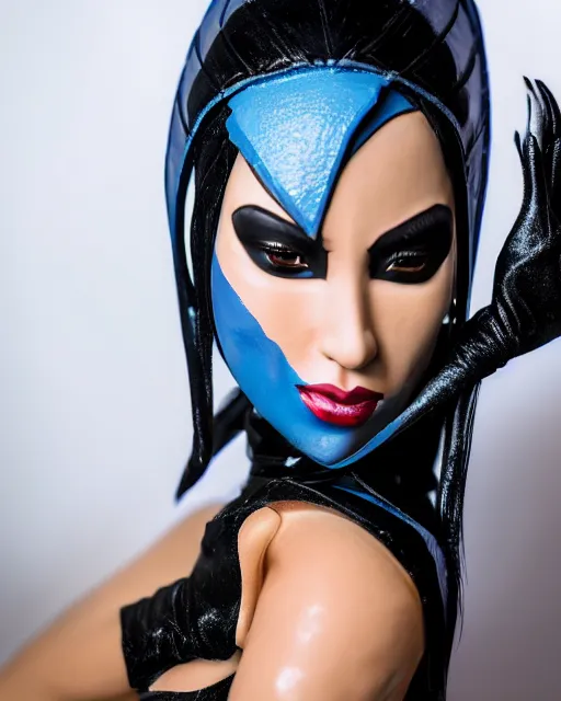 Image similar to Beautiful close highly detailed portrait of Kitana from Mortal Kombat in her iconic signature main outfit. Award-winning photography. XF IQ4, 150MP, 50mm, f/1.4, ISO 200, 1/160s, natural light, rule of thirds, symmetrical balance, depth layering, polarizing filter, Sense of Depth, AI enhanced