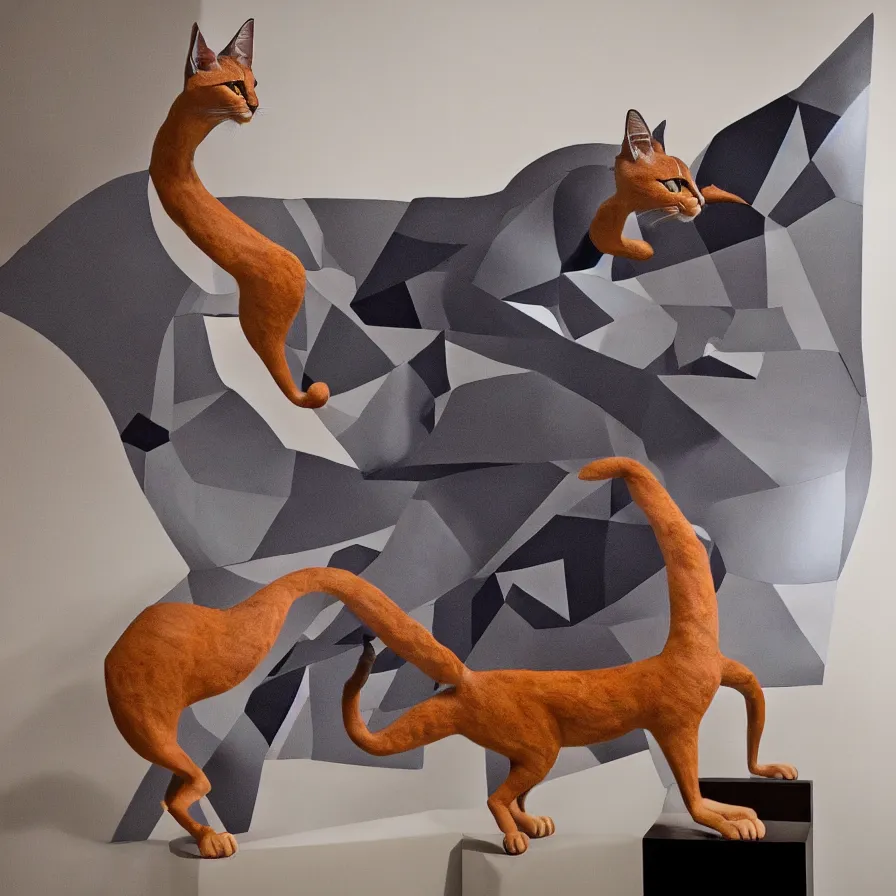 Image similar to beautiful gallery show studio photograph of a giant realistic curvy ceramic sculpture of a caracal cat!!!!!, glazed by bridget riley and victor vasarely, placed on a polished wooden table, colorful hyperrealism 8 k trending on artstation