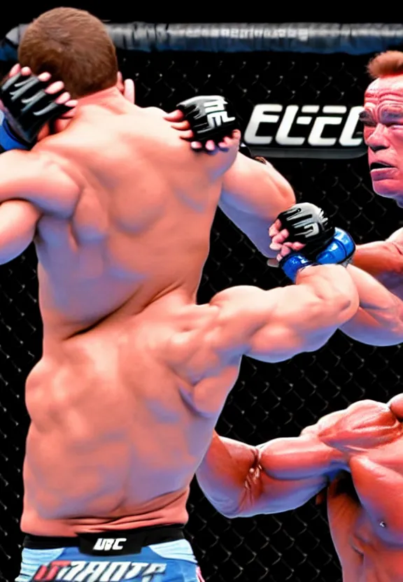 Image similar to streaming still of arnold schwarzenegger fighting in the ufc, punching the opponent