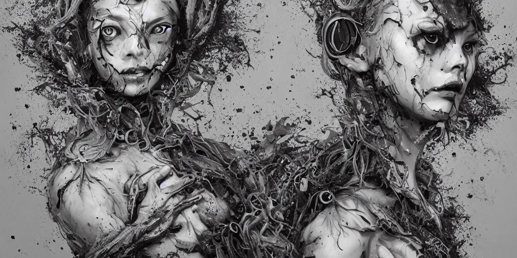 Image similar to hyperrealistic splatterpunk photography of a highly detailed and symmetrical gorgeous cyborg nymph awash in a sea of black soot in the style of beth cavener, jin kagetsu, james jean and wlop, highly detailed, face symmetry, masterpiece, award - winning, sharp focus, intricate concept art, ambient lighting, 8 k, artstation