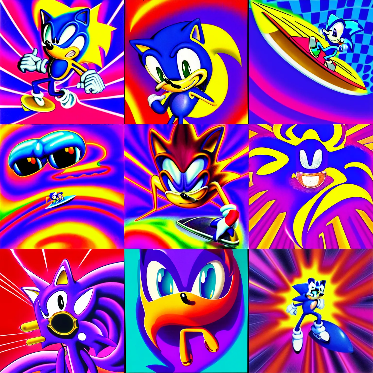 Prompt: surreal, sharp, detailed professional, high quality portrait sonic airbrush art MGMT album cover portrait of a liquid dissolving LSD DMT sonic the hedgehog surfing through cyberspace, purple checkerboard background, 1990s 1992 Sega Genesis video game album cover