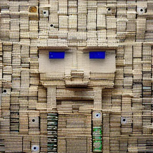 Image similar to a photo portrait of a robot created from empty beer bottles and cardboard boxes. symmetry, awesome exposition, scifi, very detailed, highly accurate, professional lighting diffracted lightrays, 8 k, sense of awe