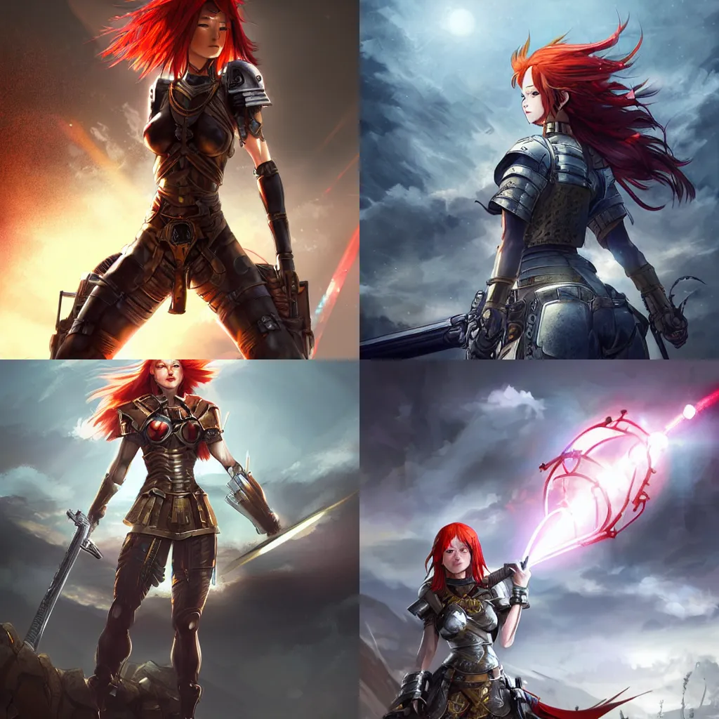 Prompt: A redheaded female warrior with an armor of light, hoisting her steel reinforced gatling gun and aiming at her target, standing at the top of a hill. Dark fantasy anime, digital painting by WLOP.