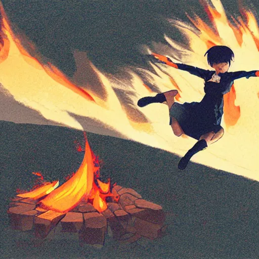 Image similar to a korean woman jumping over a campfire by ilya kuvshinov katsuhiro otomo