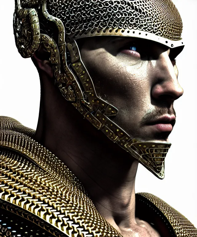 Prompt: hyperrealistic mixed media painting of a stoic male fighter, stunning 3d render inspired art by P. Craig Russell and Barry Windsor-Smith + perfect facial symmetry + dim volumetric lighting, ornate chainmail armor, head and shoulders, d&d, arms crossed, 8k octane beautifully detailed render, post-processing, extremely hyperdetailed, intricate, epic composition, grim yet sparkling atmosphere, cinematic lighting + masterpiece, trending on artstation, very very detailed, masterpiece, stunning