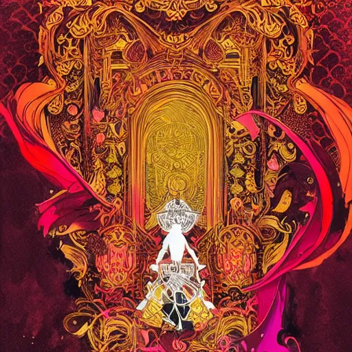 Image similar to jisoo + blackpink + elements + red + gold + neon + baroque + rococo + white + orange + ink + tarot card, ornate + by marc simonetti, paul pope, peter mohrbacher, detailed, intricate ink illustration + damask + award winning + 8 k