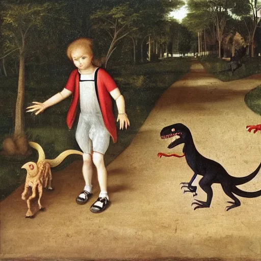 Prompt: a kid at the park walking a velociraptor with a leash, renaissance oil painting