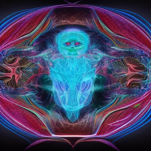 Image similar to - a therianthrope emerging out of dark matter in the style of alex grey - cinematic lighting 8 k octane render