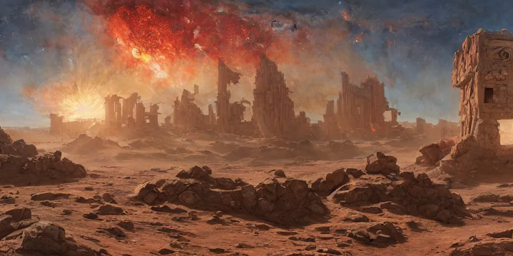 Image similar to supernova, neo brutalism space station ruins in the red desert, mars rovers, painted by steve mccurry, ruan jia, raymond swanland, lawrence alma tadema, zdzislaw beksinski, norman rockwell, jack kirby, tom lovell, alex malveda, greg staples