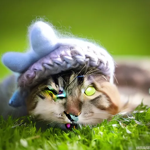 Image similar to cute cat photo licking tongue sticking out, wearing wool hat cat ears