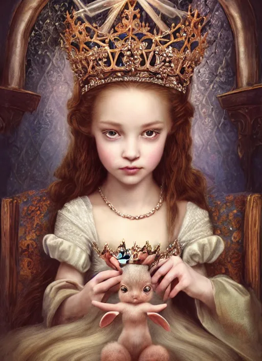 Prompt: highly detailed closeup portrait of a fairytale medieval princess wearing a crown and sitting on a throne, surrounded by cute bunnies, unreal engine, nicoletta ceccoli, mark ryden, earl norem, lostfish, global illumination, god rays, detailed and intricate environment