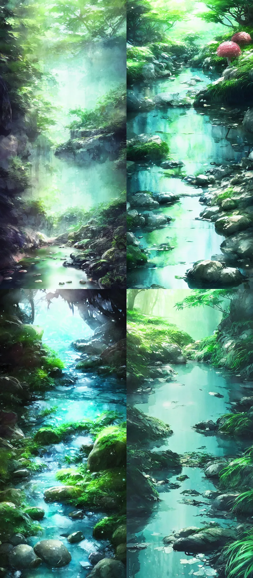 Prompt: skinny natural water stream clear aqua water, lush trees, plants, flowers, rocks, boulders, stones, plants, fish, digital art, illustration, vibrant watercolor, wenjun lin, studio ghibli, pixiv, dreamy lighting, reflections, refractions, high camera angle, wide shot, film grain