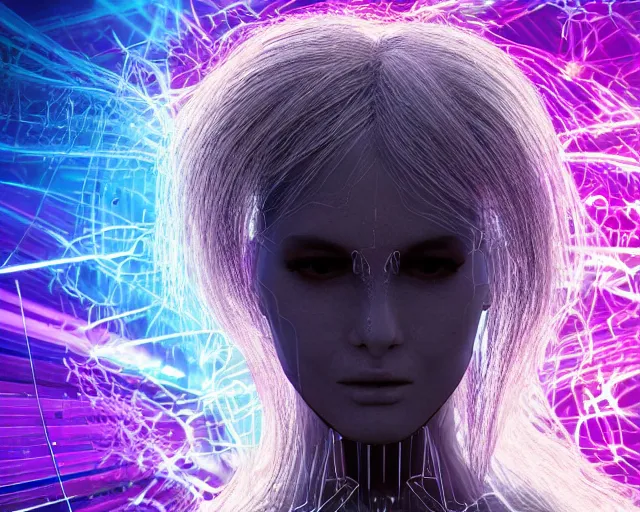 Image similar to cyberhair, complex cyberneticbeings, beautiful hairy cyberhumanoids, cybermagnetosphere, cybernetic ornate hair, love, joy, vortexes, large cyberarrays data holograms, 8 k, ultra hd, light shadows, wet hdr refractions, *, * * *, * * * * *