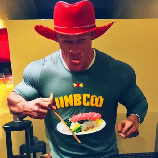 Image similar to John Cena wearing a sombrero eating sushi with Winnie the Poo