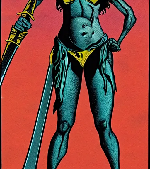 Image similar to 1 9 8 0 s fantasy novel book cover, amazonian la'tecia thomas in extremely tight bikini armor wielding a cartoonishly large sword, exaggerated body features, dark and smoky background, low quality print