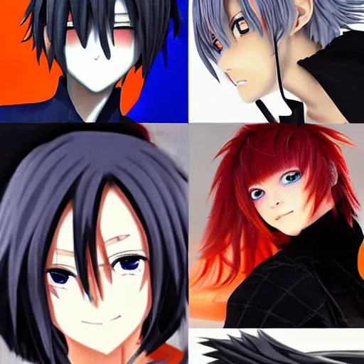 Image similar to orange - haired anime boy, 1 7 - year - old anime boy with wild spiky hair + 1 7 - year - old pale - skinned persian girl with black hair long bob cut, long bangs, black gothic jacket, ultra - realistic, sharp details, subsurface scattering, blue sunshine, intricate details, hd anime, 2 0 1 9 anime