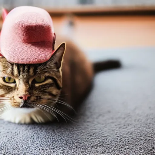 Prompt: cat sat on a mat wearing a hat and holding a bat detailed, smooth, sharp focus