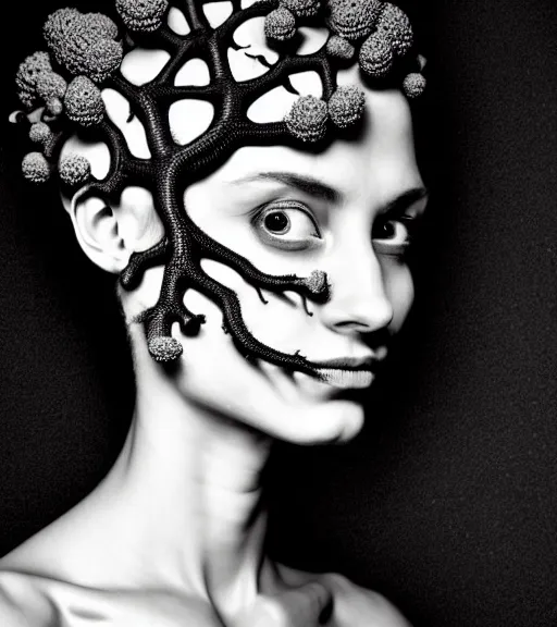 Image similar to dark background, a black and white high quality dreamy photo of a young beautiful female queen-vegetal-dragon-cyborg bust with a very long neck and delicate Mandelbrot fractal face, anatomical, facial muscles, veins, arteries, elegant, highly detailed, flesh highly baroque ornate, hair are curled wired cables, elegant, poetic, dreamy, mysterious, high fashion, rim light, in the style of Ellen von Unwerth, Realistic, Refined, Digital Art, Highly Detailed, Cinematic Lighting, rim light, black and white, photo-realistic, 8K