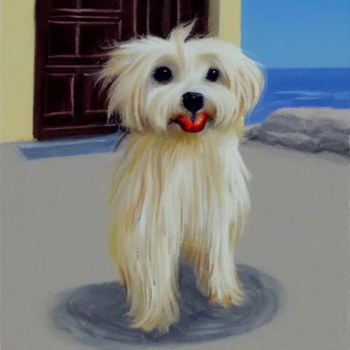 Prompt: a maltese terrier in caribbean, concept art by rachel bradley, artstation,