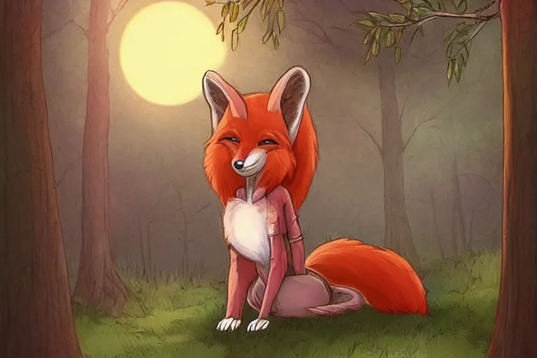 Image similar to a pretty medieval anthropomorphic fox with a fluffy tail in the forest, comic art, trending on furaffinity, cartoon, kawaii, backlighting, furry art!!!, warm shading, concept art, sunset