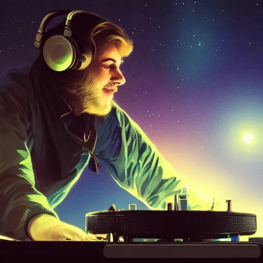 Image similar to A long shot of a man djing at night under the stars, beautiful, digital art, artstation, hyperrealistic, 8k, unreal engine, octane render, trending on artstation, art by Artgerm and Greg Rutkowski and Alphonse Mucha