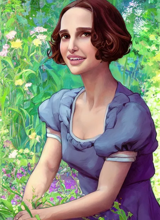 Prompt: well - lit art nouveau face portrait of a 1 3 - year old natalie portman playing in the garden, natural lighting, path traced, highly detailed, high quality, cartoon, digital painting, by don bluth and ross tran and studio ghibli