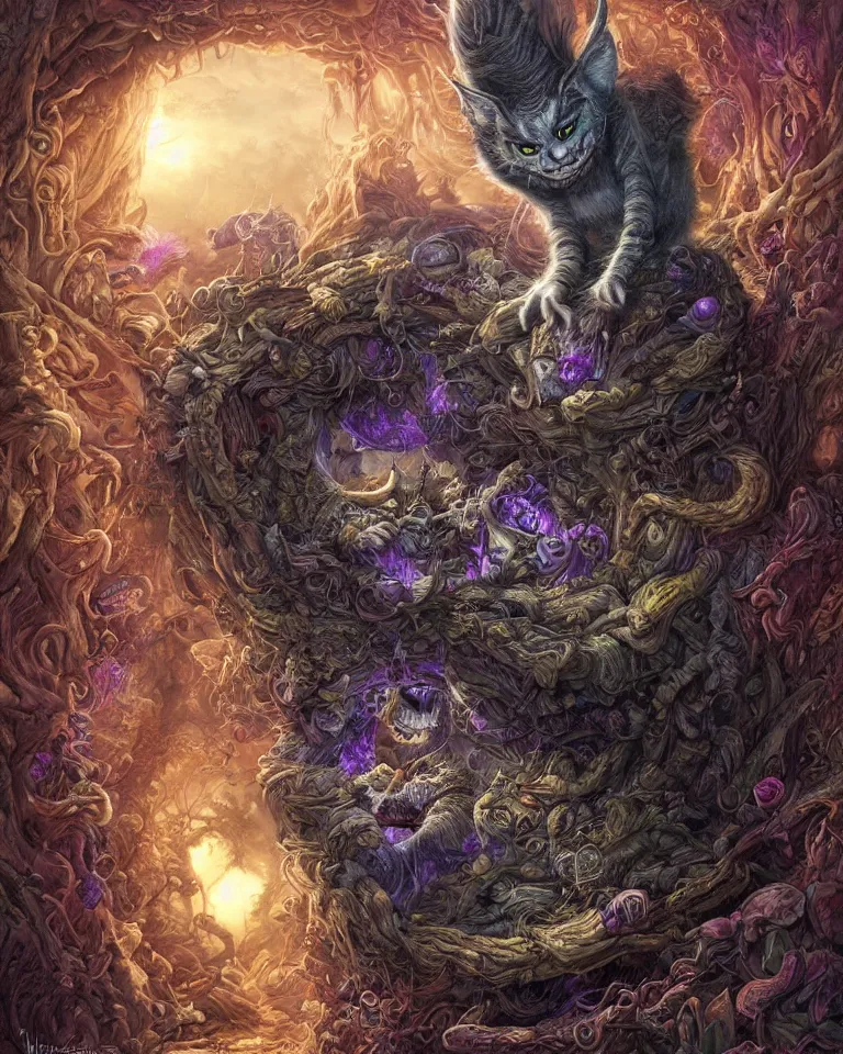 Prompt: Hyperdetailed Cheshire cat in Wonderland fantasy art by Nekro and Seb McKinnon, unstirred paint, vivid color, deep color, cgsociety 4K.