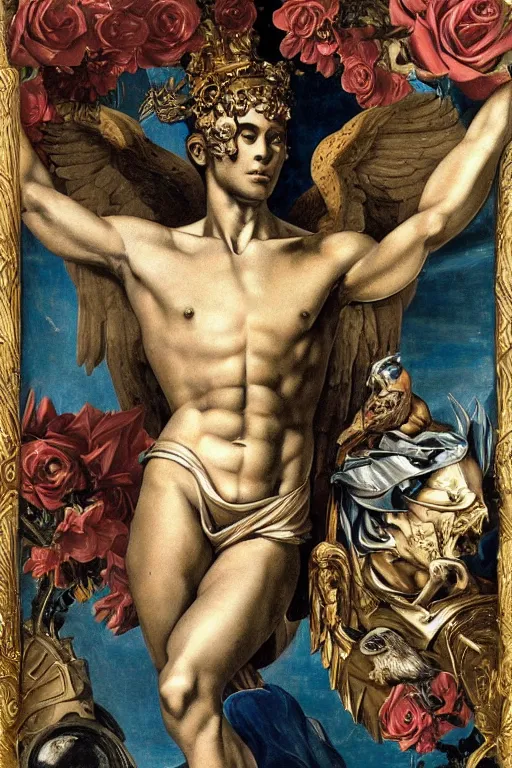 Image similar to a young handsome Spanish metal android with a large glowing battery in the center of his chest in a full-body bronze cyberpunk style statue of Icarus with glowing blue eyes, crown of peach roses, flowing teal-colored silk, fabric, flowers. baroque elements, human skull. full-length view. baroque element. intricate artwork by caravaggio. many many birds birds on background. Trending on artstation, octane render, cinematic lighting from the right, hyper realism, octane render, 8k, depth of field, 3D