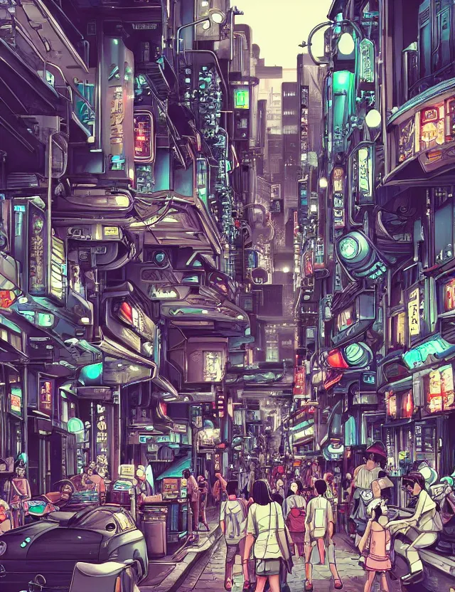 Image similar to a detailed manga illustration of a retro sci - fi city street on an alien world, trending on artstation, digital art, 4 k resolution, detailed, high quality, sharp focus, hq artwork, coherent, insane detail, character portrait