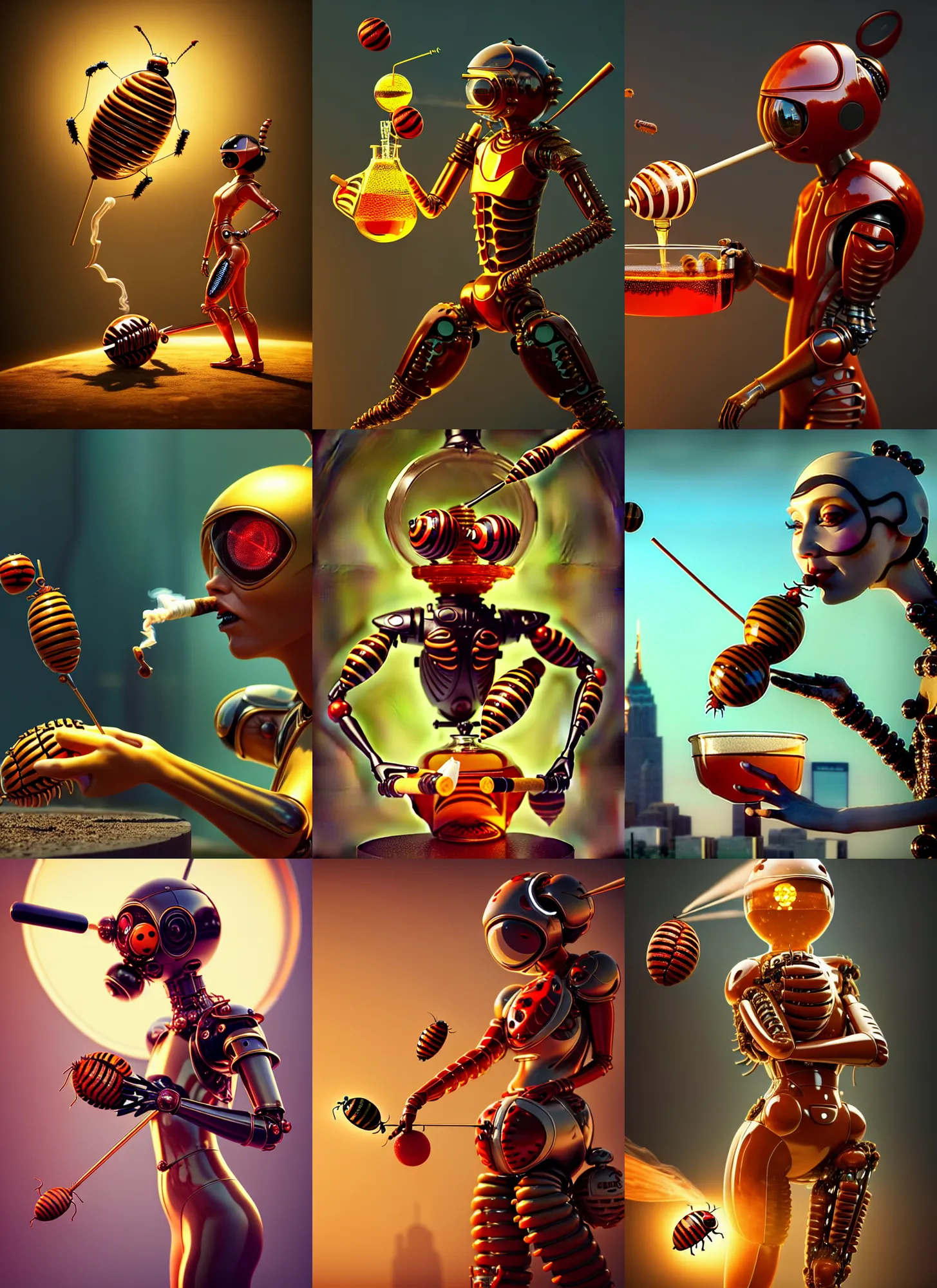 Prompt: transhuman baseball ladybug edm cyborg smoking elaborate honey bong | ornate | glamorous oily soft polished rich enticing ornate modern | weta disney pixar movie still photo | hi - fructose, sci fi fantasy, golden ratio details, smooth, octane render, sharp focus, artstation, concept art | beeple, feng zhu, mucha, rutkowski |