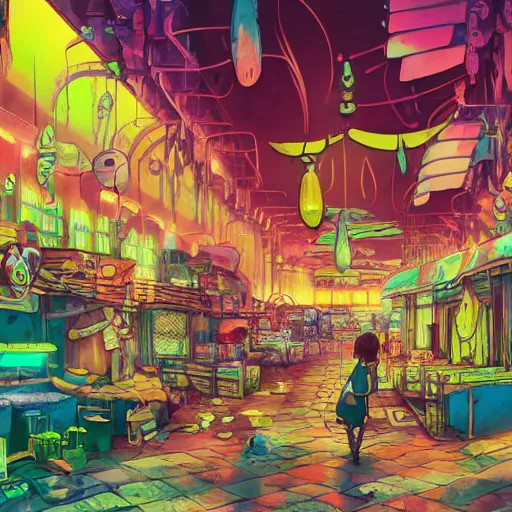 Image similar to anime background of an undersea slums shopping district built from various sea shells and corals, seaweed, light prisms, light diffraction, steampunk, cyberpunk, cool colors, caustics, anime, vhs distortion, inspired by splatoon by nintendo, art created by miyazaki studio ghibli