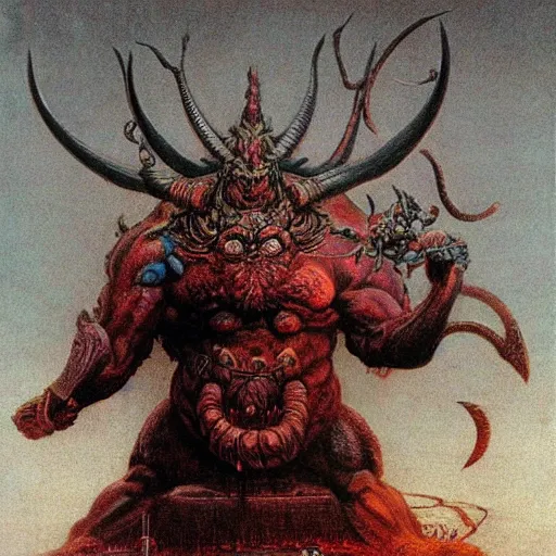 Prompt: raijin demon concept, horned, bulky body, beksinski