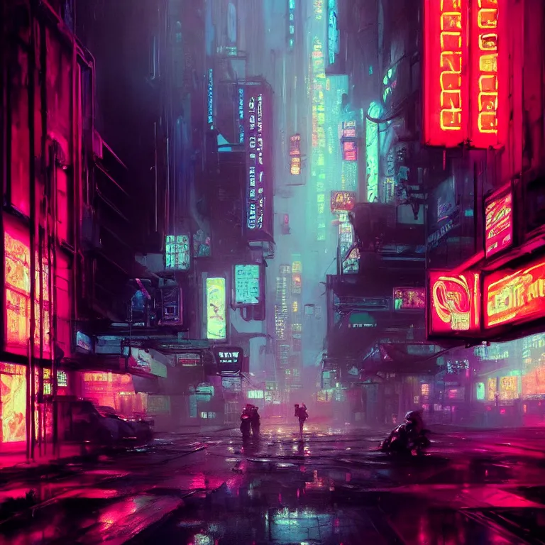 Image similar to beautiful painting by jeremy mann, cyberpunk street, neon signs, still from enter the void movie, pastel hypercolor scheme, baroque portrait painting, perfect composition, detailed octane render trending on artstation, 8 k artistic photography, volumetric cinematic perfect light, chiaroscuro, masterpiece, raphael, caravaggio, beksinski, rutkowski