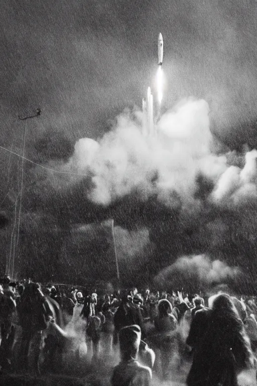Image similar to photograph of a 2 0 2 0 s era rocket launching and leaving huge plumes of smoke, large crowds of people watching in astonishment, cinematic, night, rain