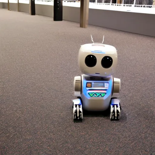 Image similar to <photo hd robot-expression='hug pls' robot-desire='hug' robot-traits='fluffy cute adorable' location='las vegas convention center'>i think this robot is following me</photo>