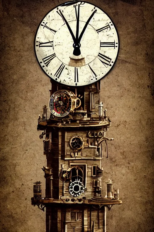 Image similar to the impossible clock tower on the top of a mountain, tower, building, steampunk, papyrus, parchment