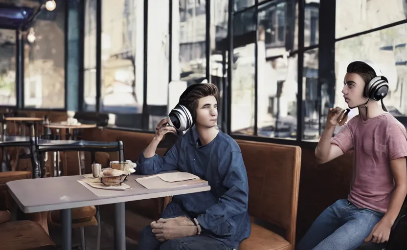 Image similar to a male teenager with headphones in a cafe sitting in front of a table with a coffee, digital painting, masterpiece, digital art, concept art, octane render, unreal engine 5, trending on deviantart, highly detailed, high quality, 4 k, cartoon, high coherence, realistic, anatomically correct, five fingers, relaxing, realistic and detailed face, beautiful, elegant