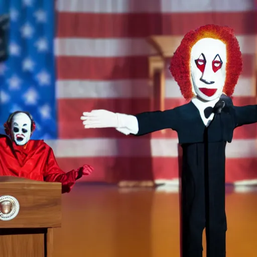 Image similar to string puppet of a president with clown makeup in a podium and a human shadow behind