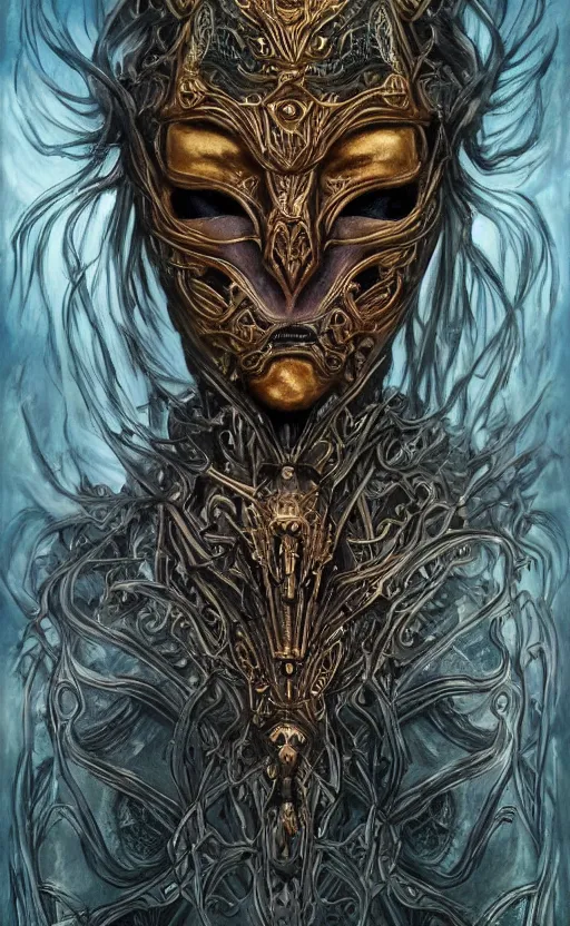 Image similar to Elden Ring themed painting of hybrid majestic aztec warrior princess fantasy biomechanical human beautiful immortal feminine angel symmetrical face angry mask closeup face breathing mask tattoo pattern golden ratio concept, deep forest psytrance Neo-Gothic concept, infinity glyph waves, intricate artwork masterpiece, very coherent artwork, cinematic, full frontal facial features by Artgerm, Takato Yamamoto, Zdizslaw Beksinski, Johnatan Wayshak, Moebius, Ayami Kojima, very coherent artwork, trending on cgsociety, ultra high quality model, production quality cinema model, high detail chromatic ink outline, octane render, unreal engine 8k, hyper realism, high detail, octane render, unreal engine, 8k, High contrast