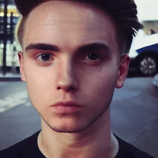 Image similar to “a realistic detailed photo of a guy who is an attractive humanoid who is half robot and half humanoid, who is a male android, Brooklyn Beckham, shiny skin, posing like a statue, blank stare”