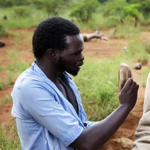 Image similar to modern researchers meeting homo erectus in the wild, east african plains, modern human meeting archaic human, scientists, award - winning photograph