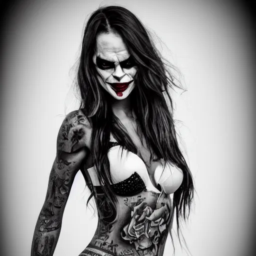 Image similar to fully body pose, photo of a very beautiful!! victoria secret model, the joker, fully tattooed, 8 k, hdr, smooth, sharp focus, high resolution, award - winning photo, trending on artstation, dslr, 5 0 mm c 1 5. 0