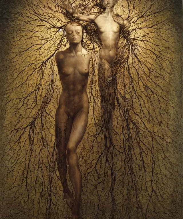 Image similar to Beautiful full-body wax sculpture of a glowing transparent infinite plant with women faces as leaves with visible gold bones covered with melted white wax inside the singularity where stars becoming baroque folds of dark matter by Michelangelo da Caravaggio, Nicola Samori, William Blake, Alex Grey and Beksinski, dramatic volumetric lighting, highly detailed oil painting, 8k, masterpiece