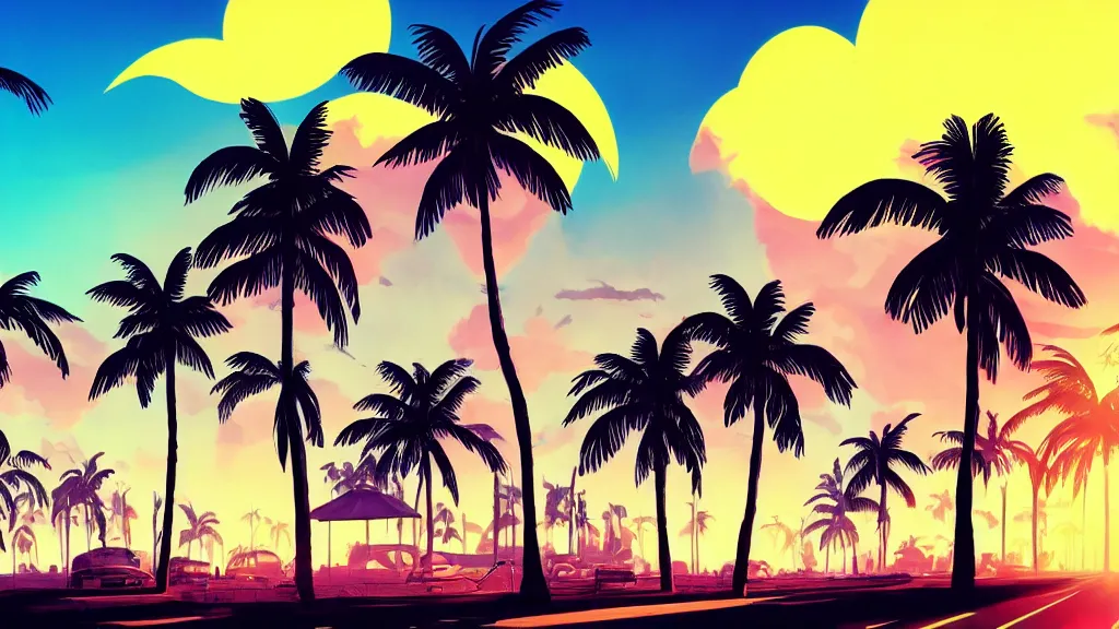 Prompt: synthwave with sun in the sky and palm trees, dramatic lighting, trending on Artstation, visually stunning, award-winning