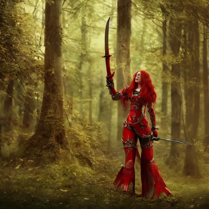 Prompt: a girl with long red hair wearing a red plate armor and hding a big red sword in a forest, 3d render, octane render, unreal engine 5, 8k hdr, hyperrealistic, highly detailed, high quality, concept art, trending on Artstation