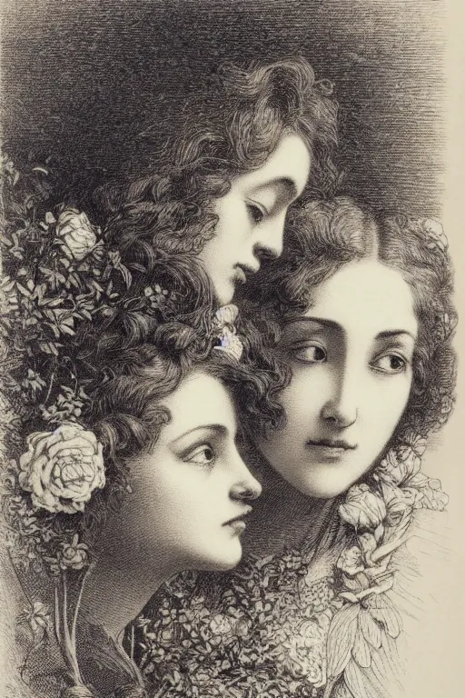 Image similar to black and white, close up portrait of two women in flowers, Gustave Dore lithography