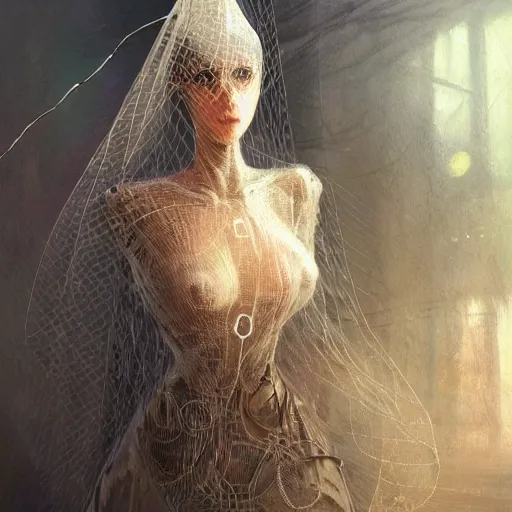 Prompt: portrait of a humanoid robot wearing a veil inspired by raised by wolves ( 2 0 2 0 ), mystic, mystical, robot body, wires, robotic, intricate, headshot, highly detailed, digital painting, artstation, concept art, sharp focus, cinematic lighting, digital painting, art by artgerm and greg rutkowski, alphonse mucha, cgsociety