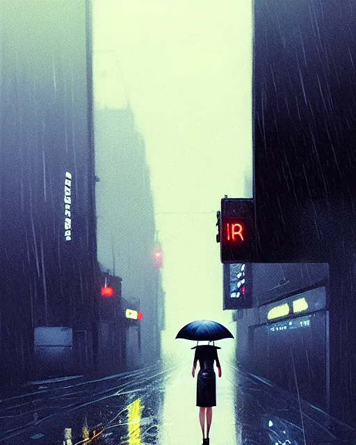 Image similar to blade runner, hyper - realistic portrait of a girl with umbrella, real street, rain, cinematic, by atey ghailan, by greg rutkowski, by greg tocchini, by james gilleard, by joe fenton, by kaethe butcher, 8 k, very intricate, 8 0's, night