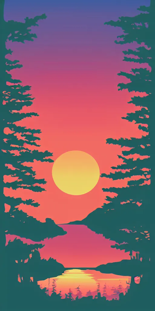 Prompt: shirt design, vector style, a lake and japanese pines to the left of the scene, big red sun, fresh modern look, made with photoshop,